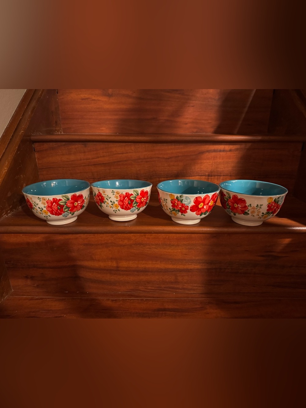 The Pioneer Woman Red Floral Ceramic Bowls with Turquoise Interior (Set of 4)